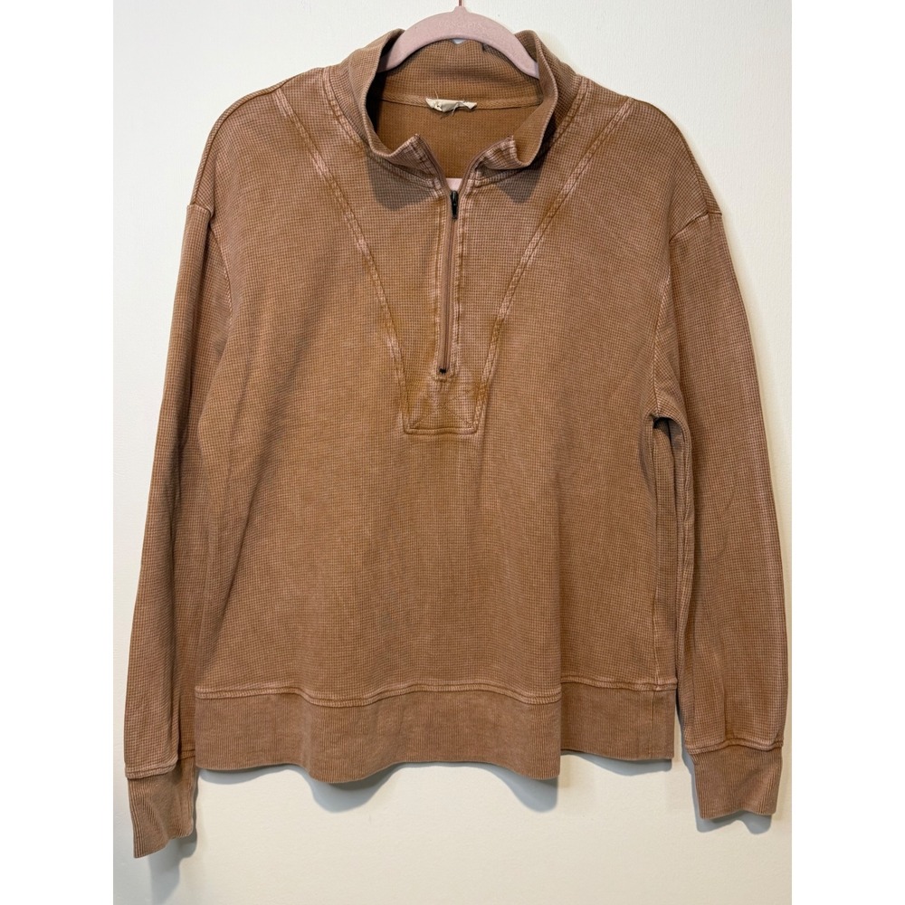 Jane and Delancey Waffle Knit Quarter Zip Pullover Terracotta Brown Large